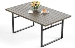 HERA'S HOUSE Patio Table for 6, Brown Metal Dining Table w/Umbrella Hole | 64" rectangle wrought iron table. Slatted top design, weather resistant. Perfect for outdoor deck, porch, backyard. HERA'S HOUSE Patio Table for 6, Brown Metal Dining Table w/Umbrella Hole | 64" rectangle wrought iron table. Slatted top design, weather resistant. Perfect for outdoor deck, porch, backyard.