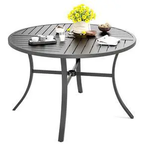 HERA'S HOUSE Patio Round Table w/Umbrella Hole, Metal Table for 4, Black | 42" wrought iron dining table. Slatted top design, weather resistant. Perfect for outdoor deck, porch, backyard. HERA'S HOUSE Patio Round Table w/Umbrella Hole, Metal Table for 4, Black | 42" wrought iron dining table. Slatted top design, weather resistant. Perfect for outdoor deck, porch, backyard.
