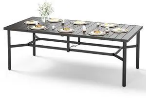 HERA'S HOUSE Outdoor Dining Table for 8, Black Metal Table w/Umbrella Hole | 83" rectangle wrought iron table. Slatted top design, weather resistant. Perfect for patio, deck, porch, backyard. HERA'S HOUSE Outdoor Dining Table for 8, Black Metal Table w/Umbrella Hole | 83" rectangle wrought iron table. Slatted top design, weather resistant. Perfect for patio, deck, porch, backyard.
