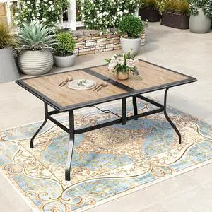HERA'S HOUSE Outdoor Dining Table for 6, Metal Table w/Umbrella Hole | 60" long rectangle wrought iron table w/ polywood top, weather resistant. Perfect for patio, deck, porch, backyard. HERA'S HOUSE Outdoor Dining Table for 6, Metal Table w/Umbrella Hole | 60" long rectangle wrought iron table w/ polywood top, weather resistant. Perfect for patio, deck, porch, backyard.