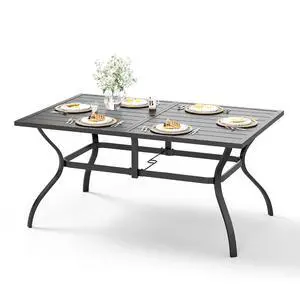 HERA'S HOUSE Patio Table for 6, Black Metal Dining Table w/Umbrella Hole | 60" rectangle wrought iron table. Slatted top design, weather resistant. Perfect for outdoor deck, porch, backyard. HERA'S HOUSE Patio Table for 6, Black Metal Dining Table w/Umbrella Hole | 60" rectangle wrought iron table. Slatted top design, weather resistant. Perfect for outdoor deck, porch, backyard.