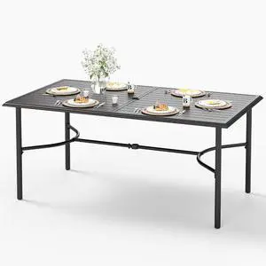 HERA'S HOUSE Patio Table for 6, 67" Metal Dining Table w/Umbrella Hole | Rectangle black wrought iron table. Slatted top design, weather resistant. Perfect for outdoor deck, porch, backyard. HERA'S HOUSE Patio Table for 6, 67" Metal Dining Table w/Umbrella Hole | Rectangle black wrought iron table. Slatted top design, weather resistant. Perfect for outdoor deck, porch, backyard.