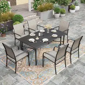 HERA'S HOUSE 7pc Outdoor Patio Dining Set, 6 Textilene Chairs, Brown | 67" rectangular metal table with umbrella hole. Waterproof, rust-resistant, all-weather for backyard, porch HERA'S HOUSE 7pc Outdoor Patio Dining Set, 6 Textilene Chairs, Brown | 67" rectangular metal table with umbrella hole. Waterproof, rust-resistant, all-weather for backyard, porch