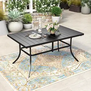 HERA'S HOUSE Patio Table for 6, 59" Metal Dining Table w/Umbrella Hole | Rectangle black wrought iron table. Slatted top design, weather resistant. Perfect for outdoor deck, porch, backyard. HERA'S HOUSE Patio Table for 6, 59" Metal Dining Table w/Umbrella Hole | Rectangle black wrought iron table. Slatted top design, weather resistant. Perfect for outdoor deck, porch, backyard.