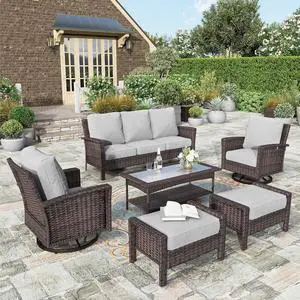 HERA'S HOUSE 6-Piece Patio Furniture Set with High Back Chairs, Grey | Outdoor Wicker Conversation Sofa w/5.5" Thick Cushions. Couch +Swivel Chairs +Coffee Table +Ottomans. for Deck Lawn & Garden HERA'S HOUSE 6-Piece Patio Furniture Set with High Back Chairs, Grey | Outdoor Wicker Conversation Sofa w/5.5" Thick Cushions. Couch +Swivel Chairs +Coffee Table +Ottomans. for Deck Lawn & Garden
