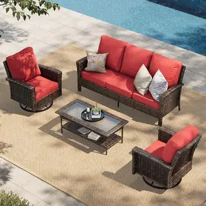 HERA'S HOUSE 4-Piece Patio Furniture Set with High Back Chairs, Red | Outdoor Wicker Conversation Sofa w/5.5" Thick Cushion. 2x Swivel Chairs +Couch +Coffee Table. for Deck Lawn Garden HERA'S HOUSE 4-Piece Patio Furniture Set with High Back Chairs, Red | Outdoor Wicker Conversation Sofa w/5.5" Thick Cushion. 2x Swivel Chairs +Couch +Coffee Table. for Deck Lawn Garden