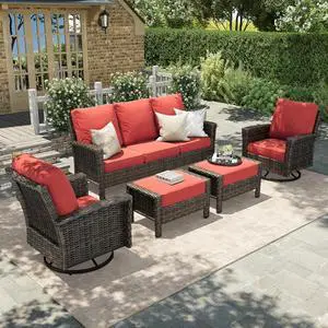 HERA'S HOUSE 5-Piece Red Patio Furniture Set with High Back Swivel Chairs | Outdoor Sofa Set with Ottomans, Brown Wicker Conversation Set with 5.5 Thick Cushion for Deck Porch Garden Lawn HERA'S HOUSE 5-Piece Red Patio Furniture Set with High Back Swivel Chairs | Outdoor Sofa Set with Ottomans, Brown Wicker Conversation Set with 5.5 Thick Cushion for Deck Porch Garden Lawn
