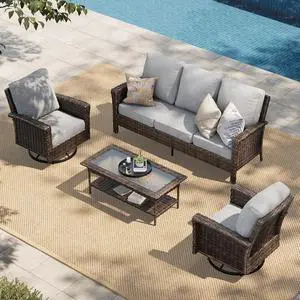 HERA'S HOUSE 4-Piece Patio Furniture Set with High Back Chairs, Grey | Outdoor Wicker Conversation Sofa w/5.5" Thick Cushion. 2x Swivel Chairs +Couch +Coffee Table. for Deck Lawn Garden HERA'S HOUSE 4-Piece Patio Furniture Set with High Back Chairs, Grey | Outdoor Wicker Conversation Sofa w/5.5" Thick Cushion. 2x Swivel Chairs +Couch +Coffee Table. for Deck Lawn Garden