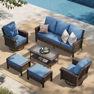HERA'S HOUSE 6-Piece Patio Furniture Set with High Back Chairs, Blue | Outdoor Wicker Swivel Chairs w/5.5" Thick Cushion, Coffee Table &Ottomans, Deck Lawn Garden Conversation Sofa HERA'S HOUSE 6-Piece Patio Furniture Set with High Back Chairs, Blue | Outdoor Wicker Swivel Chairs w/5.5" Thick Cushion, Coffee Table &Ottomans, Deck Lawn Garden Conversation Sofa