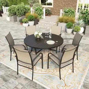 HERA'S HOUSE 7pc Patio Dining Set, 54" Round Table, 6 Brown Chairs | Outdoor metal table with umbrella hole, textilene chairs. Waterproof, rust-resistant, all-weather for backyard, porch HERA'S HOUSE 7pc Patio Dining Set, 54" Round Table, 6 Brown Chairs | Outdoor metal table with umbrella hole, textilene chairs. Waterproof, rust-resistant, all-weather for backyard, porch