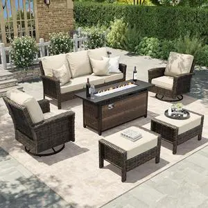 HERA'S HOUSE 6-Piece Patio Furniture Set with Fire Pit, Beige | Outdoor High Back Swivel Chairs w/5.5" Thick Cushion & Ottomans. Brown Wicker Conversation Sofa. for Deck Lawn Garden HERA'S HOUSE 6-Piece Patio Furniture Set with Fire Pit, Beige | Outdoor High Back Swivel Chairs w/5.5" Thick Cushion & Ottomans. Brown Wicker Conversation Sofa. for Deck Lawn Garden