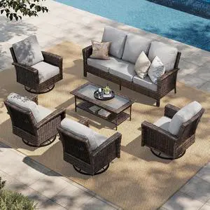 HERA'S HOUSE 7-Seat Patio Furniture Set with High Back Chairs, Grey | Outdoor Wicker Conversation Sofa Sets w/5.5" Thick Cushions. 4 Swivel Chairs +Couch +Coffee Table. for Deck Lawn & Garden HERA'S HOUSE 7-Seat Patio Furniture Set with High Back Chairs, Grey | Outdoor Wicker Conversation Sofa Sets w/5.5" Thick Cushions. 4 Swivel Chairs +Couch +Coffee Table. for Deck Lawn & Garden