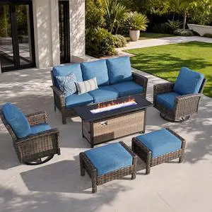 HERA'S HOUSE 6-Piece Patio Furniture Set with Fire Pit, Blue | Outdoor High Back Swivel Chairs w/5.5" Thick Cushion & Ottomans. Brown Wicker Conversation Sofa. for Deck Lawn Garden HERA'S HOUSE 6-Piece Patio Furniture Set with Fire Pit, Blue | Outdoor High Back Swivel Chairs w/5.5" Thick Cushion & Ottomans. Brown Wicker Conversation Sofa. for Deck Lawn Garden