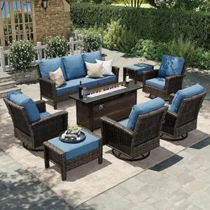 HERA'S HOUSE 8-Piece Patio Furniture Set with Fire Pit, Blue | Outdoor High Back Swivel Chairs w/5.5" Thick Cushion, All-Weather Wicker Conversation Sofa, for Deck Lawn Garden HERA'S HOUSE 8-Piece Patio Furniture Set with Fire Pit, Blue | Outdoor High Back Swivel Chairs w/5.5" Thick Cushion, All-Weather Wicker Conversation Sofa, for Deck Lawn Garden