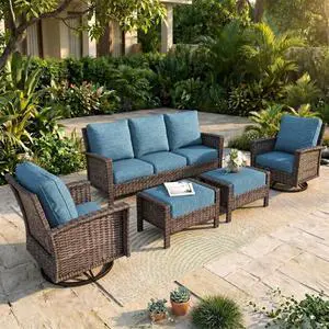 HERA'S HOUSE 5pcs Patio Furniture Set with High Back Swivel Chairs, Blue | Outdoor Sofa Set with Ottomans, Brown Wicker Conversation Set with 5.5 Thick Cushion for Deck Porch Garden Lawn HERA'S HOUSE 5pcs Patio Furniture Set with High Back Swivel Chairs, Blue | Outdoor Sofa Set with Ottomans, Brown Wicker Conversation Set with 5.5 Thick Cushion for Deck Porch Garden Lawn