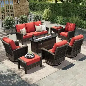 HERA'S HOUSE 8-Piece Patio Furniture Set with Fire Pit, Red | Outdoor High Back Swivel Chairs w/5.5" Thick Cushion, All-Weather Wicker Conversation Sofa, for Deck Lawn Garden HERA'S HOUSE 8-Piece Patio Furniture Set with Fire Pit, Red | Outdoor High Back Swivel Chairs w/5.5" Thick Cushion, All-Weather Wicker Conversation Sofa, for Deck Lawn Garden