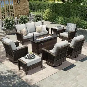 HERA'S HOUSE 8-Piece Patio Furniture Set with Fire Pit, Grey | Outdoor High Back Swivel Chairs w/5.5" Thick Cushions, All-Weather Wicker Conversation Sofa Sets, for Deck Lawn & Garden HERA'S HOUSE 8-Piece Patio Furniture Set with Fire Pit, Grey | Outdoor High Back Swivel Chairs w/5.5" Thick Cushions, All-Weather Wicker Conversation Sofa Sets, for Deck Lawn & Garden