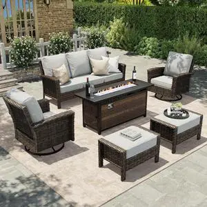 HERA'S HOUSE 6-Piece Patio Furniture Set with Fire Pit, Grey | Outdoor High Back Swivel Chairs w/5.5" Thick Cushions & Ottomans. Brown Wicker Conversation Sofa Sets. for Deck Lawn & Garden HERA'S HOUSE 6-Piece Patio Furniture Set with Fire Pit, Grey | Outdoor High Back Swivel Chairs w/5.5" Thick Cushions & Ottomans. Brown Wicker Conversation Sofa Sets. for Deck Lawn & Garden
