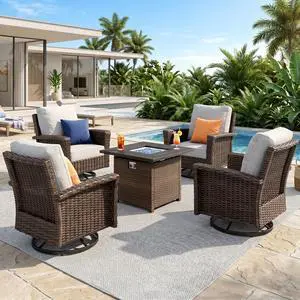 HERA'S HOUSE 5-Piece Patio Furniture Set with Fire Pit, Grey | High Back Outdoor Swivel Chairs, Wicker Conversation Sets with 5.5" Thick Cushions, All-Weather Deep Seating Sofa for Deck HERA'S HOUSE 5-Piece Patio Furniture Set with Fire Pit, Grey | High Back Outdoor Swivel Chairs, Wicker Conversation Sets with 5.5" Thick Cushions, All-Weather Deep Seating Sofa for Deck