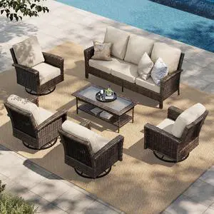 HERA'S HOUSE 7-Seat Patio Furniture Set with High Back Chairs, Beige | Outdoor Wicker Conversation Sofa w/5.5" Thick Cushion. 4 Swivel Chairs +Couch +Coffee Table. for Deck Lawn Garden HERA'S HOUSE 7-Seat Patio Furniture Set with High Back Chairs, Beige | Outdoor Wicker Conversation Sofa w/5.5" Thick Cushion. 4 Swivel Chairs +Couch +Coffee Table. for Deck Lawn Garden