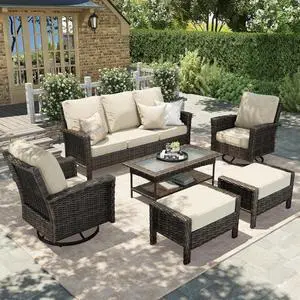 HERA'S HOUSE 6-Piece Patio Furniture Set with High Back Chairs, Beige | Outdoor Wicker Swivel Chairs w/5.5" Thick Cushion, Coffee Table &Ottomans, Deck Lawn Garden Conversation Sofa HERA'S HOUSE 6-Piece Patio Furniture Set with High Back Chairs, Beige | Outdoor Wicker Swivel Chairs w/5.5" Thick Cushion, Coffee Table &Ottomans, Deck Lawn Garden Conversation Sofa