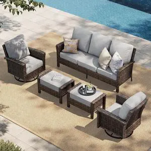 HERA'S HOUSE 5-Piece Patio Furniture Set with High Back Chairs, Grey | Outdoor Wicker Conversation Sofa Sets w/5.5" Thick Cushions. 2 Swivel Chairs &Couch & 2 Ottomans. for Deck Lawn & Garden HERA'S HOUSE 5-Piece Patio Furniture Set with High Back Chairs, Grey | Outdoor Wicker Conversation Sofa Sets w/5.5" Thick Cushions. 2 Swivel Chairs &Couch & 2 Ottomans. for Deck Lawn & Garden