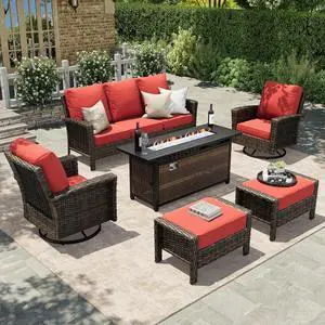 HERA'S HOUSE 6-Piece Patio Furniture Set with Fire Pit, Red | Outdoor High Back Swivel Chairs w/5.5" Thick Cushion & Ottomans. Brown Wicker Conversation Sofa. for Deck Lawn Garden HERA'S HOUSE 6-Piece Patio Furniture Set with Fire Pit, Red | Outdoor High Back Swivel Chairs w/5.5" Thick Cushion & Ottomans. Brown Wicker Conversation Sofa. for Deck Lawn Garden