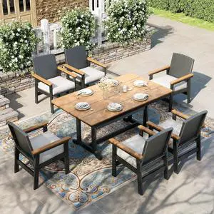 HERA'S HOUSE 7PC Patio Dining Set for 6, HDPE Outdoor Table & 6 Chairs | 64" Rectangle table, cushioned wicker chairs. Waterproof, stain-resistant & wipe-clean. All-weather for backyard, poolside HERA'S HOUSE 7PC Patio Dining Set for 6, HDPE Outdoor Table & 6 Chairs | 64" Rectangle table, cushioned wicker chairs. Waterproof, stain-resistant & wipe-clean. All-weather for backyard, poolside