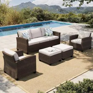 HERA'S HOUSE Patio Furniture Set, 5 Pieces Outdoor Wicker Furniture | All Weather Rattan Patio Conversation Set, Deep Seating Outdoor Sofa Sets for Lawn Deck Backyard, Brown/Beige HERA'S HOUSE Patio Furniture Set, 5 Pieces Outdoor Wicker Furniture | All Weather Rattan Patio Conversation Set, Deep Seating Outdoor Sofa Sets for Lawn Deck Backyard, Brown/Beige