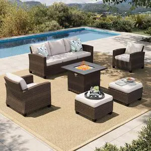HERA'S HOUSE Wicker Patio Furniture Set,with Fire Pit Table Outdoor Wicker | 6 Pieces Patio Conversation Set with Ottomans, Outside Sofa Sets for Poolside Backyard, Beige HERA'S HOUSE Wicker Patio Furniture Set,with Fire Pit Table Outdoor Wicker | 6 Pieces Patio Conversation Set with Ottomans, Outside Sofa Sets for Poolside Backyard, Beige