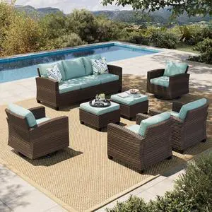 HERA'S HOUSE Patio Furniture Set with Swivel Glide Chairs | Outdoor Sectional Sofa Set, 7 Pieces Patio Conversation Sets for Lawn Backyard Deck, Brown/Blue HERA'S HOUSE Patio Furniture Set with Swivel Glide Chairs | Outdoor Sectional Sofa Set, 7 Pieces Patio Conversation Sets for Lawn Backyard Deck, Brown/Blue