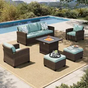 HERA'S HOUSE Wicker Patio Furniture Set,with Fire Pit Table Outdoor Wicker | 6 Pieces Patio Conversation Set with Ottomans, Outside Sofa Sets for Poolside Backyard, Blue HERA'S HOUSE Wicker Patio Furniture Set,with Fire Pit Table Outdoor Wicker | 6 Pieces Patio Conversation Set with Ottomans, Outside Sofa Sets for Poolside Backyard, Blue