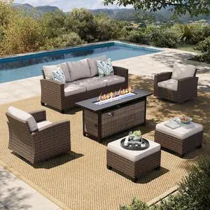 HERA'S HOUSE Swivel Glide Patio Furniture Set with Fire Pit Table Wicker | Outdoor 6 Pieces Sectional Conversation Sofa Sets for Lawn Backyard Deck, Beige HERA'S HOUSE Swivel Glide Patio Furniture Set with Fire Pit Table Wicker | Outdoor 6 Pieces Sectional Conversation Sofa Sets for Lawn Backyard Deck, Beige