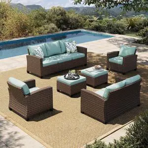 HERA'S HOUSE Wicker Patio Furniture Set,Outdoor Sectional Conversation Set | 6 Pieces 9 Seats Waterproof Deck Backyard Lawn Furniture, Blue HERA'S HOUSE Wicker Patio Furniture Set,Outdoor Sectional Conversation Set | 6 Pieces 9 Seats Waterproof Deck Backyard Lawn Furniture, Blue