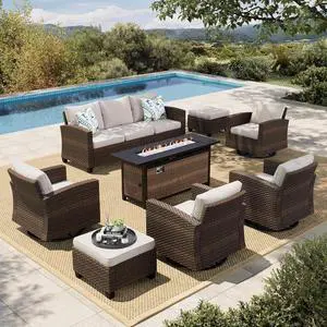 HERA'S HOUSE Swivel Glider Patio Wicker Furniture Set with Fire Pit Table | 8 Pieces Outdoor Seating Furniture Conversation Sets for Deck Backyard Lawn, Beige HERA'S HOUSE Swivel Glider Patio Wicker Furniture Set with Fire Pit Table | 8 Pieces Outdoor Seating Furniture Conversation Sets for Deck Backyard Lawn, Beige