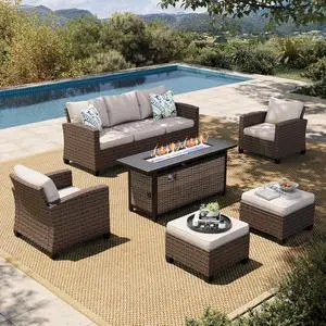 HERA'S HOUSE Patio Furniture Set with Fire Pit Table Wicker Outdoor | Patio Conversation Sets, 6 Pieces 7 Seats Wicker Outside Sectional Sofa Set for Lawn Backyard Deck HERA'S HOUSE Patio Furniture Set with Fire Pit Table Wicker Outdoor | Patio Conversation Sets, 6 Pieces 7 Seats Wicker Outside Sectional Sofa Set for Lawn Backyard Deck