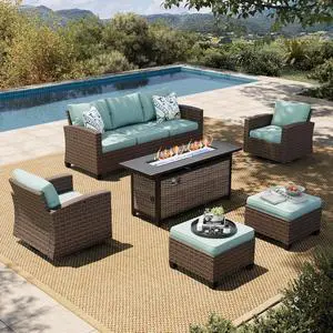 HERA'S HOUSE Swivel Glide Patio Furniture Set with Fire Pit Table Wicker | Outdoor 6 Pieces Sectional Conversation Sofa Sets for Lawn Backyard Deck, Blue HERA'S HOUSE Swivel Glide Patio Furniture Set with Fire Pit Table Wicker | Outdoor 6 Pieces Sectional Conversation Sofa Sets for Lawn Backyard Deck, Blue