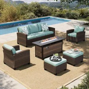 HERA'S HOUSE Patio Furniture Set with Fire Pit | 6 Pieces Outdoor Wicker Furniture, All Weather Patio Conversation Sets with Thick Cushions for Lawn Backyard, Brown/Blue HERA'S HOUSE Patio Furniture Set with Fire Pit | 6 Pieces Outdoor Wicker Furniture, All Weather Patio Conversation Sets with Thick Cushions for Lawn Backyard, Brown/Blue