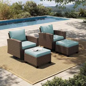 HERA'S HOUSE Patio Wicker Chairs Outdoor Swivel Rocker Chairs Set | 4 Piece Outdoor Seating Furniture Conversation Sets with Ottoman for Lawn Deck Porch Pool, Brown/Blue HERA'S HOUSE Patio Wicker Chairs Outdoor Swivel Rocker Chairs Set | 4 Piece Outdoor Seating Furniture Conversation Sets with Ottoman for Lawn Deck Porch Pool, Brown/Blue
