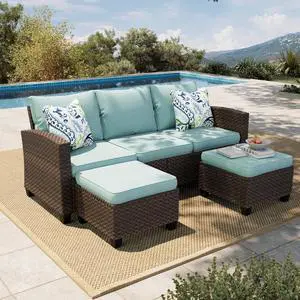 Small Patio Furniture Set,3 Pieces Wicker Outdoor L-Shaped Patio Couch Set | Sectional Modular Rattan Conversation Set with Lounge Sofa and Ottomans for Deck Lawn Garden, Blue Small Patio Furniture Set,3 Pieces Wicker Outdoor L-Shaped Patio Couch Set | Sectional Modular Rattan Conversation Set with Lounge Sofa and Ottomans for Deck Lawn Garden, Blue