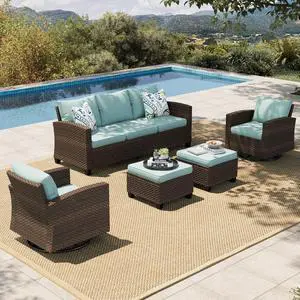 HERA'S HOUSE Patio Furniture Set with Swivel Glide Chairs | 5 Pieces Outdoor Conversation Sofa Sets, Deep Seating Brown Wicker Rattan Furniture Set for Lawn Deck Backyard, Blue HERA'S HOUSE Patio Furniture Set with Swivel Glide Chairs | 5 Pieces Outdoor Conversation Sofa Sets, Deep Seating Brown Wicker Rattan Furniture Set for Lawn Deck Backyard, Blue