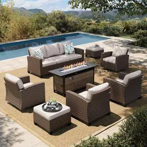 HERA'S HOUSE Swivel Glider Patio Furniture Set with Firepit Outdoor Wicker | Conversation Sets, 8 Pieces Deep Seat Rattan Sofa Sets with Cushions for Deck Backyard Lawn, Beige/Brown HERA'S HOUSE Swivel Glider Patio Furniture Set with Firepit Outdoor Wicker | Conversation Sets, 8 Pieces Deep Seat Rattan Sofa Sets with Cushions for Deck Backyard Lawn, Beige/Brown