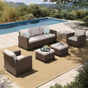 HERA'S HOUSE Swivel Glide Wicker Patio Furniture Set,Outdoor Furniture Set | 5 Pieces Deep Seating Patio Conversation Sofa Sets for Lawn Deck Backyard, Beige HERA'S HOUSE Swivel Glide Wicker Patio Furniture Set,Outdoor Furniture Set | 5 Pieces Deep Seating Patio Conversation Sofa Sets for Lawn Deck Backyard, Beige