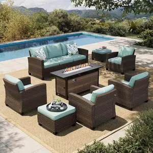 HERA'S HOUSE Patio Furniture Set with Fire Pit Table Outdoor Wicker Sofa | All Weather Deep Seating Conversation Set, Brown Rattan Chairs for Deck Backyard, Blue HERA'S HOUSE Patio Furniture Set with Fire Pit Table Outdoor Wicker Sofa | All Weather Deep Seating Conversation Set, Brown Rattan Chairs for Deck Backyard, Blue