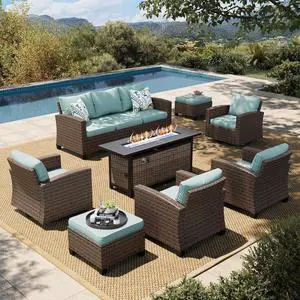 HERA'S HOUSE Swivel Glider Patio Furniture Set with Firepit Outdoor Wicker | Outdoor Sectional Sets Table, 8 Pieces 9 Seats Outside Sofa for Lawn Deck Backyard, Blue HERA'S HOUSE Swivel Glider Patio Furniture Set with Firepit Outdoor Wicker | Outdoor Sectional Sets Table, 8 Pieces 9 Seats Outside Sofa for Lawn Deck Backyard, Blue
