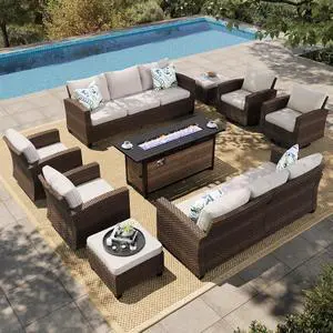 HERA'S HOUSE Swivel Glider Patio Furniture Set with Fire Pit Table | 9 Pieces Outdoor Seating Furniture Wicker Conversation Sets for Deck Backyard Lawn, Beige HERA'S HOUSE Swivel Glider Patio Furniture Set with Fire Pit Table | 9 Pieces Outdoor Seating Furniture Wicker Conversation Sets for Deck Backyard Lawn, Beige