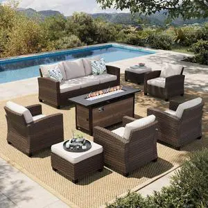 HERA'S HOUSE Patio Furniture Set, Outdoor Wicker Furniture with Fire Pit | 8 Pieces Deep Seating Outdoor Conversation Sofa Sets with Thick Cushions for Deck Backyard Lawn, Beige HERA'S HOUSE Patio Furniture Set, Outdoor Wicker Furniture with Fire Pit | 8 Pieces Deep Seating Outdoor Conversation Sofa Sets with Thick Cushions for Deck Backyard Lawn, Beige