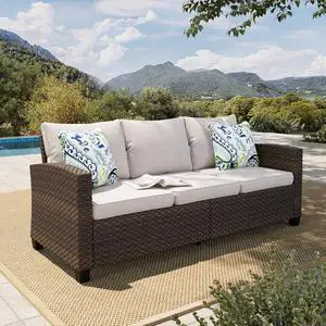 HERA'S HOUSE Outdoor Patio Sofa, 3-Seat Wicker Couch with Waterproof Thick Cushions, Deep Seating Furniture for Garden Porch Backyard, Beige HERA'S HOUSE Outdoor Patio Sofa, 3-Seat Wicker Couch with Waterproof Thick Cushions, Deep Seating Furniture for Garden Porch Backyard, Beige