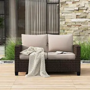 HERA'S HOUSE Outdoor Loveseat Patio Sofa, 2-Seat Wicker Couch with Waterproof Thick Cushions, Deep Seating Furniture for Garden Porch Backyard, Beige HERA'S HOUSE Outdoor Loveseat Patio Sofa, 2-Seat Wicker Couch with Waterproof Thick Cushions, Deep Seating Furniture for Garden Porch Backyard, Beige