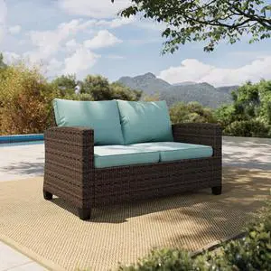 HERA'S HOUSE Outdoor Loveseat Patio Sofa, 2-Seat Wicker Couch with 4" Waterproof Thick Cushions, Deep Seating Furniture for Garden Porch Backyard, Blue HERA'S HOUSE Outdoor Loveseat Patio Sofa, 2-Seat Wicker Couch with 4" Waterproof Thick Cushions, Deep Seating Furniture for Garden Porch Backyard, Blue